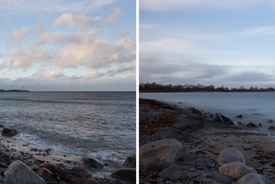 vasakpoole pilt ilma filtrita Säriaeg 1/100 sek, ava F/5, ISO 100. Parempoolne pilt ND1000 filtriga Säriaeg 20 sek, ava F/9, ISO 100